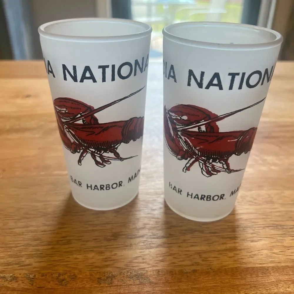 Acadia National Park Frosted Glass Set. Pair of two bar Harbor Maine Lobster bar